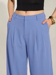 SHEIN Tall 「Old Money 風格」性感商務休閒高腰百褶寬腿長褲，優雅純色寬鬆長褲，職場通勤穿搭，時尚修身女款工作褲 - 淺藍色 - 查看 7