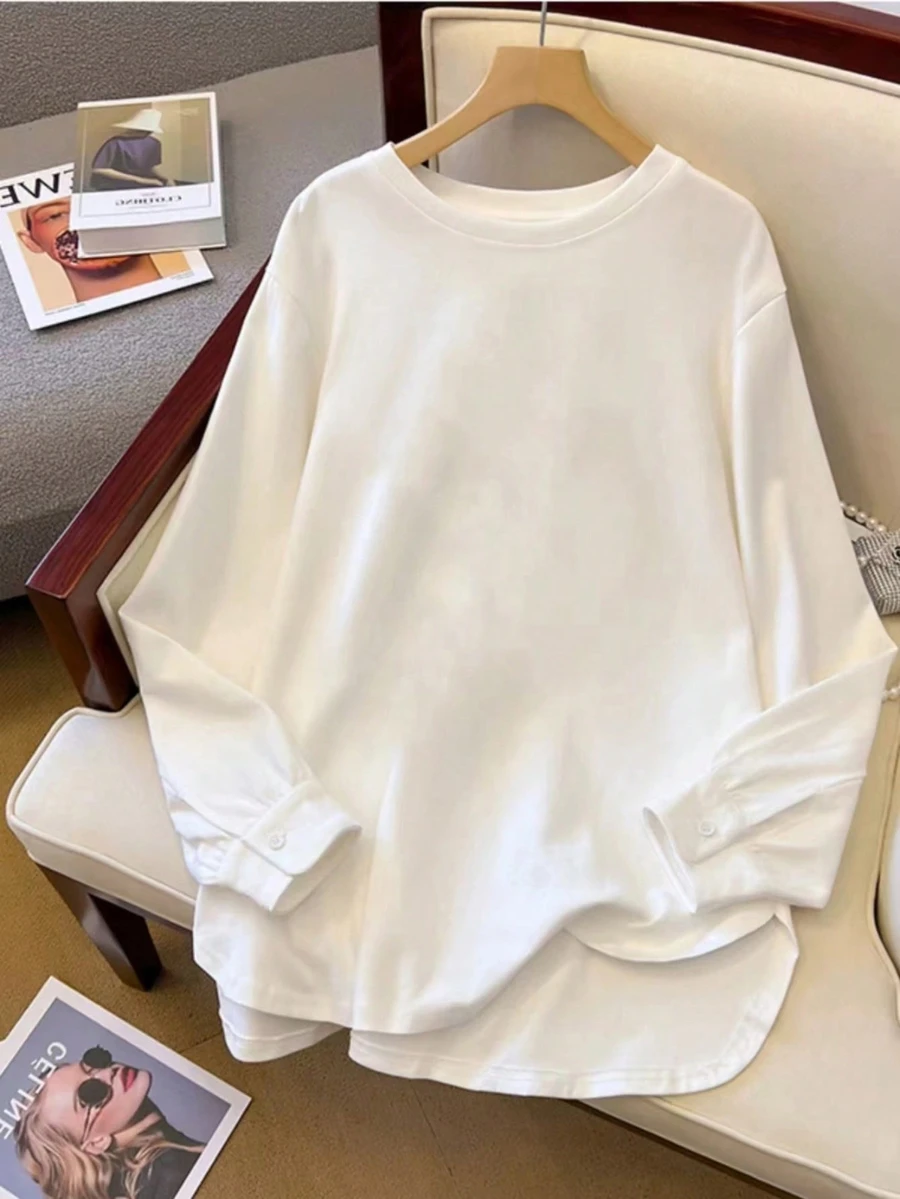 EMERY ROSE Elegant White Mid-Length Long Sleeve Women Loose Fit Sweatshirt Base Layer Pullover Fall - White - View 1