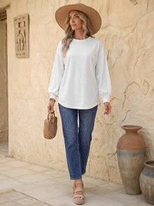 EMERY ROSE Elegant White Mid-Length Long Sleeve Women Loose Fit Sweatshirt Base Layer Pullover Fall - White - View 4