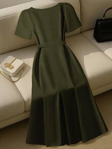 EMERY ROSE Women's Solid Color Sweetheart Neck Short Puff Sleeve Button Design Elegant Dress Button Dress - Army Green - View 2
