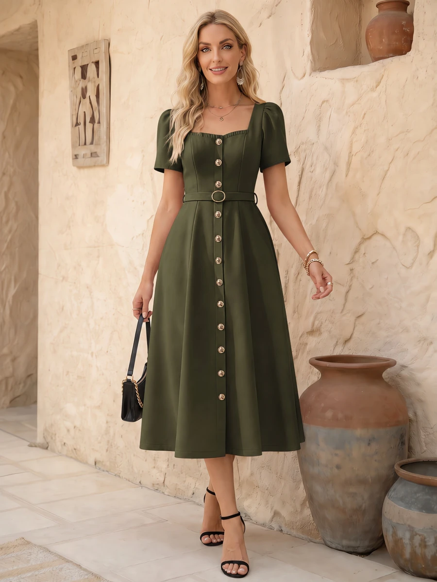 EMERY ROSE Women's Solid Color Sweetheart Neck Short Puff Sleeve Button Design Elegant Dress Button Dress - Army Green - View 1