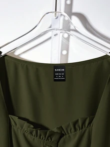 EMERY ROSE Women's Solid Color Sweetheart Neck Short Puff Sleeve Button Design Elegant Dress Button Dress - Army Green - View 4