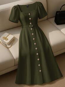 EMERY ROSE Women's Solid Color Sweetheart Neck Short Puff Sleeve Button Design Elegant Dress Button Dress - Army Green - View 5
