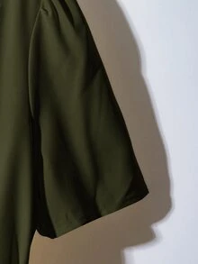 EMERY ROSE Women's Solid Color Sweetheart Neck Short Puff Sleeve Button Design Elegant Dress Button Dress - Army Green - View 6