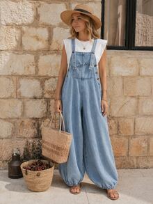 EMERY ROSE EMERY ROSE Women's Light Blue Denim Jumpsuit,Button Fly Wide Leg Summer Casual Overalls,Pocket Design Loose Balloon Jeans,Boho Resort Occasion Outfit,Denim - Blue - View 4