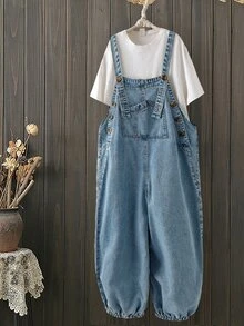 EMERY ROSE EMERY ROSE Women's Light Blue Denim Jumpsuit,Button Fly Wide Leg Summer Casual Overalls,Pocket Design Loose Balloon Jeans,Boho Resort Occasion Outfit,Denim - Blue - View 2