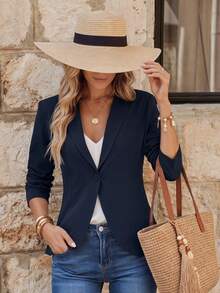 EMERY ROSE Women's Button 3/4 Sleeve Casual Home & Outdoor Blazer - Blue - View 1