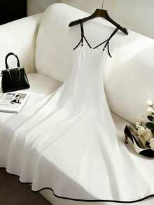EMERY ROSE Women's Elegant Contrast Color Trim Tie-Wrap Camisole Dress, Summer - White - View 2