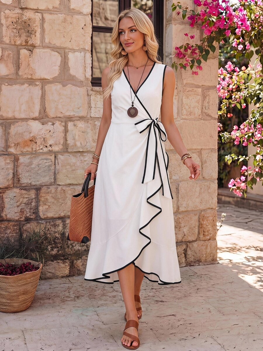 EMERY ROSE Women's Elegant Contrast Color Trim Tie-Wrap Camisole Dress, Summer - White - View 1