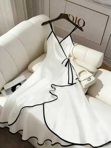 EMERY ROSE Women's Elegant Contrast Color Trim Tie-Wrap Camisole Dress, Summer - White - View 7