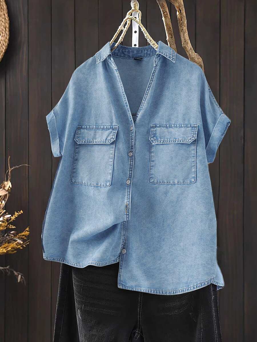EMERY ROSE EMERY ROSE Women's Bat Print Short Sleeve Single-Breasted Casual Pocket Denim Shirt Summer Tops For Women Going Out Tops Women - Baby Blue - View 1