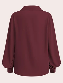 EMERY ROSE Women's Solid Color V-Neck Lantern Sleeve Versatile Commute Elegant Long Sleeve Blouse - Violet Purple - View 3