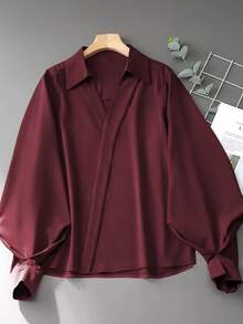 EMERY ROSE Women's Solid Color V-Neck Lantern Sleeve Versatile Commute Elegant Long Sleeve Blouse - Violet Purple - View 6