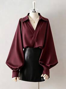 EMERY ROSE Women's Solid Color V-Neck Lantern Sleeve Versatile Commute Elegant Long Sleeve Blouse - Violet Purple - View 4