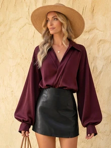 EMERY ROSE Women's Solid Color V-Neck Lantern Sleeve Versatile Commute Elegant Long Sleeve Blouse - Violet Purple - View 2