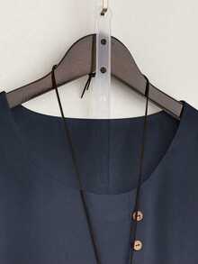 EMERY ROSE Camisa casual de mujer de unicolor, cuello redondo, manga corta y diseño con botones - Azul Marino - Ver 4