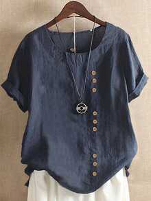 EMERY ROSE Camisa casual de mujer de unicolor, cuello redondo, manga corta y diseño con botones - Azul Marino - Ver 8