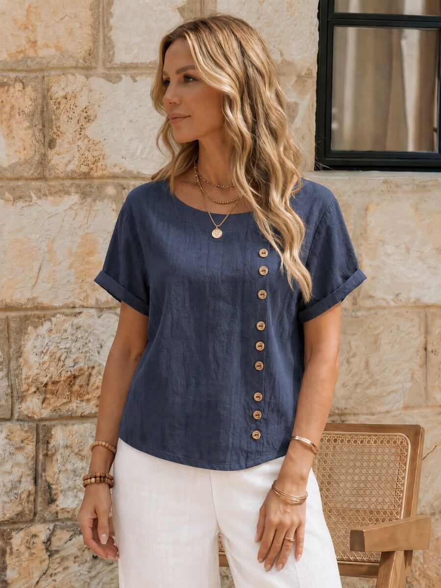 EMERY ROSE Camisa casual de mujer de unicolor, cuello redondo, manga corta y diseño con botones - Azul Marino - Ver 1