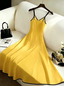 EMERY ROSE Women's Summer Casual Contrast Color Trim Criss-Cross Wrap Camisole Dress - Yellow - View 2