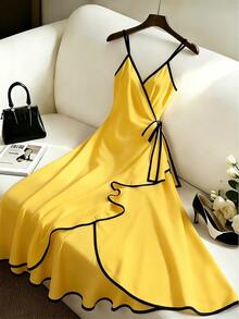 EMERY ROSE Women's Summer Casual Contrast Color Trim Criss-Cross Wrap Camisole Dress - Yellow - View 5