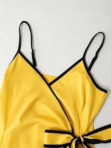 EMERY ROSE Women's Summer Casual Contrast Color Trim Criss-Cross Wrap Camisole Dress - Yellow - View 8
