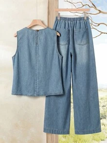 EMERY ROSE EMERY ROSE Women's Blue Summer Casual Occasion Denim Two-Piece Set,Button Crew Neck Sleeveless Tank Top With Side Slits Elastic Waist Wide Leg Pants Travel - Blue - View 3