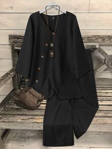 EMERY ROSE Standard Women's V-Neck Coconut Button Decorated 3/4 Sleeve Top + Solid Color Straight Leg Casual/Office 2 Pieces Set - Black - View 3