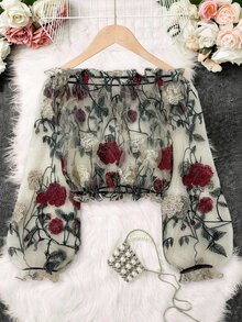 EMERY ROSE Blusa corta con hombros descubiertos, mangas farol y bordado floral de malla transparente de moda para mujer - Multicolor - Ver 2