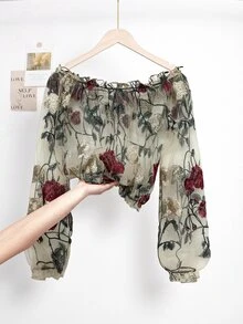 EMERY ROSE Blusa corta con hombros descubiertos, mangas farol y bordado floral de malla transparente de moda para mujer - Multicolor - Ver 3