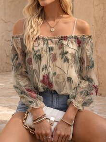 EMERY ROSE Blusa corta con hombros descubiertos, mangas farol y bordado floral de malla transparente de moda para mujer - Multicolor - Ver 1