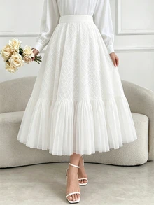 SHEIN 女士时尚优雅通勤百搭雪纺拼接A字褶裥半身裙，适合夏季穿着，白色波西米亚风半身裙，田园风半身裙，白色优雅半身裙，全白服装，适合大学秋季穿着，女士面料 - 白色 - 查看 3