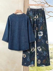 EMERY ROSE EMERY ROSE 女款深藍色藍白配色秋季波希米亞休閒兩件套，V領捲袖牛仔襯衫搭配花卉印花寬腿褲，適合度假 - 藍色 - 查看 2