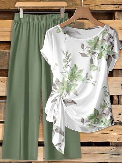 EMERY ROSE Conjunto de 2 piezas de blusa con lazo y pantalones rectos holgados para mujer, casual para vacaciones, verde con estampado floral en tonos de verde, verano