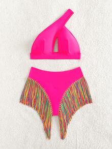 Swim Vcay Summer Beach Fringe Hem One Shoulder Bikini Set - Hot Pink - View 4