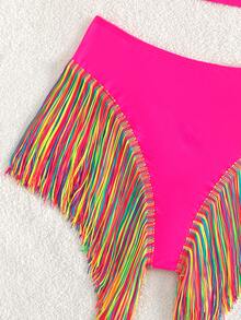 Swim Vcay Summer Beach Fringe Hem One Shoulder Bikini Set - Hot Pink - View 5