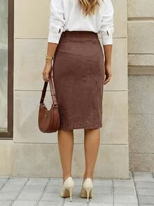 Selenza Women's Fashionable Casual Single-Breasted Denim Mini Skirt Everyday Coffee Brown Autumn Office Work - Coffee Brown - View 2