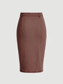 Selenza Women's Fashionable Casual Single-Breasted Denim Mini Skirt Everyday Coffee Brown Autumn Office Work - Coffee Brown - View 7