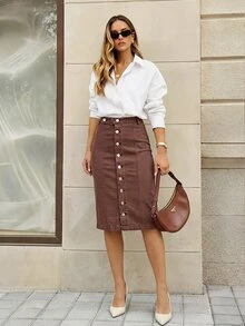 Selenza Women's Fashionable Casual Single-Breasted Denim Mini Skirt Everyday Coffee Brown Autumn Office Work - Coffee Brown - View 3