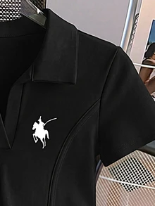 Resyla Casual Solid Color V-Neck Small Horse Print Short Sleeve T-Shirt, Summer - Black - View 3