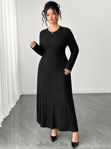 Elenzga Women's Plus Size Casual Solid Color Knit Crew Neck Dress, Autumn/Winter Fall - Black - View 3