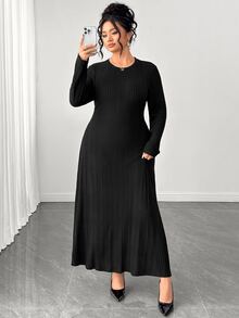 Elenzga Women's Plus Size Casual Solid Color Knit Crew Neck Dress, Autumn/Winter Fall - Black - View 1