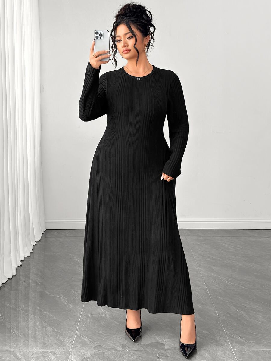 Elenzga Women's Plus Size Casual Solid Color Knit Crew Neck Dress, Autumn/Winter Fall - Black - View 1
