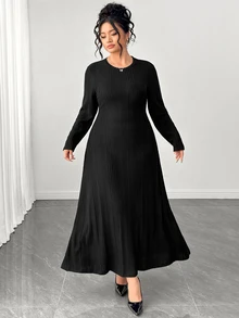 Elenzga Women's Plus Size Casual Solid Color Knit Crew Neck Dress, Autumn/Winter Fall - Black - View 4