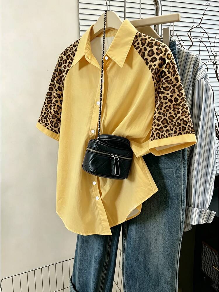 Resyla Women's Leopard Print Colorblock Single-Breasted Casual Short Sleeve Shirt For Daily Wear - Multicolor - View 4