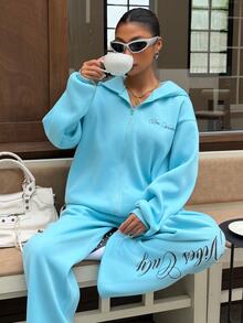 Muchica 2pcs Women's Two Pieces Set: Mouse-Grey And Brown Zip-Up Hoodie And Pants With Street-Style Prints-An Ideal Choice For A Sporty Halloween Look. - Baby Blue - View 6