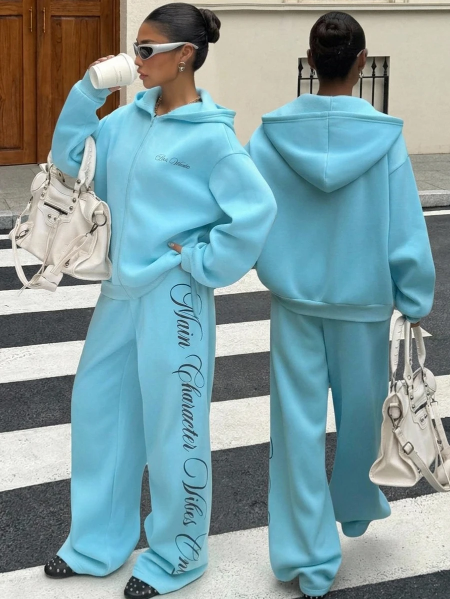 Muchica 2pcs Women's Two Pieces Set: Mouse-Grey And Brown Zip-Up Hoodie And Pants With Street-Style Prints-An Ideal Choice For A Sporty Halloween Look. - Baby Blue - View 1