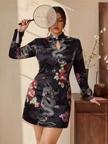 EastFlair Plus Size Women's Floral Chinese Dragon Pattern Frog Button Design Elegant Dress Winter - Multicolor - View 1