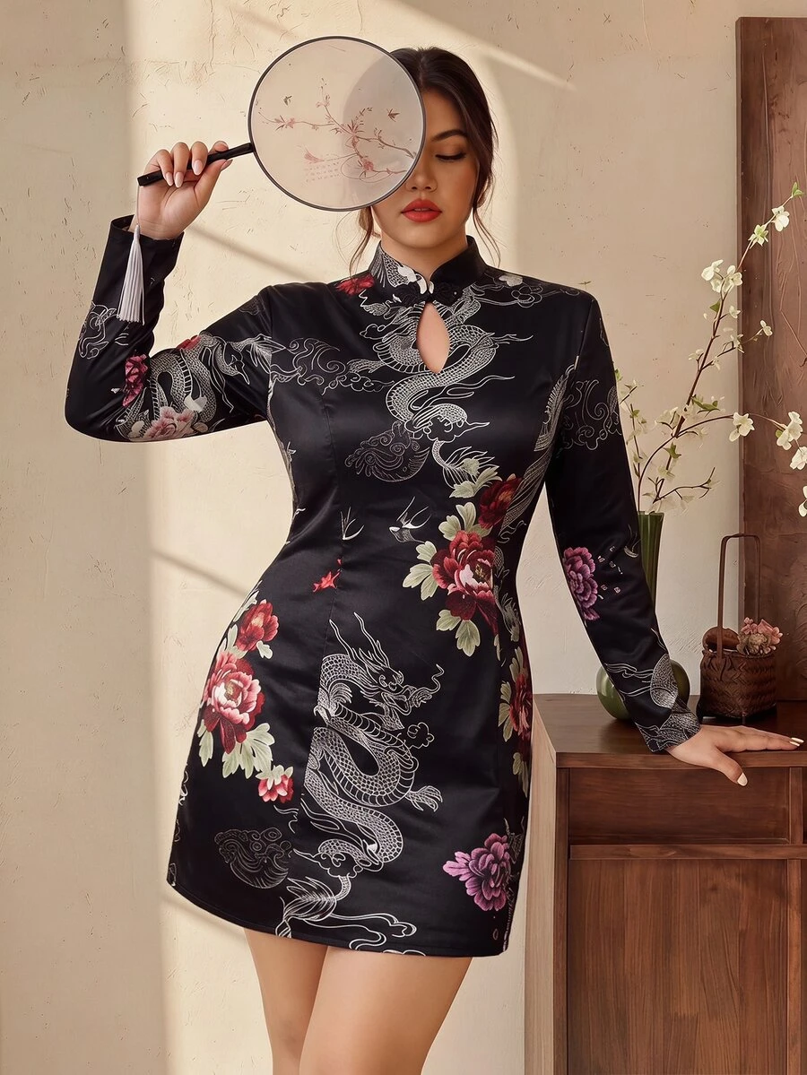 EastFlair Plus Size Women's Floral Chinese Dragon Pattern Frog Button Design Elegant Dress Winter - Multicolor - View 1