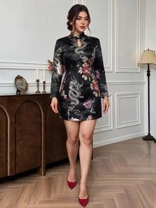 EastFlair Plus Size Women's Floral Chinese Dragon Pattern Frog Button Design Elegant Dress Winter - Multicolor - View 2