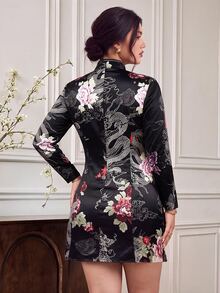 EastFlair Plus Size Women's Floral Chinese Dragon Pattern Frog Button Design Elegant Dress Winter - Multicolor - View 6